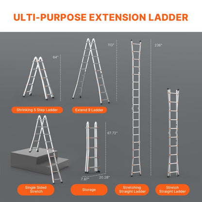 Telescoping Ladder A Frame, 114.17/157.48/200.79/inch Compact Aluminum Extension Ladder
